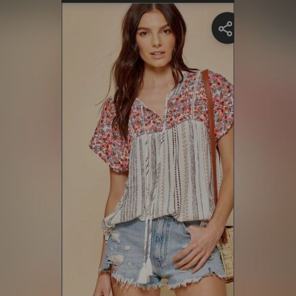 Savanna Jane Floral Embroidered Top Boho Womens  Tasseled Cap Sleeve White sz M - Picture 4 of 10